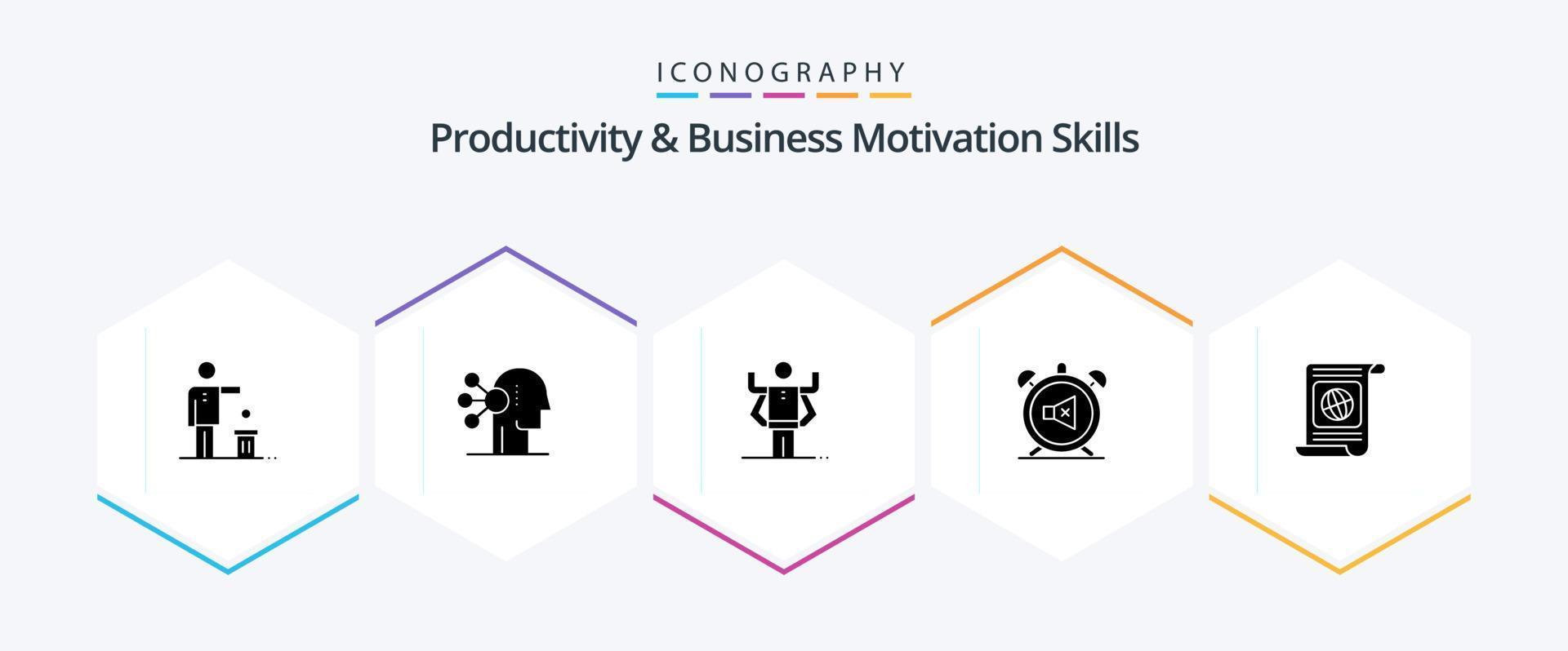 habilidades de produtividade e motivação empresarial pacote de ícones de 25 glifos, incluindo som. mudo. humano. relógio. organização vetor