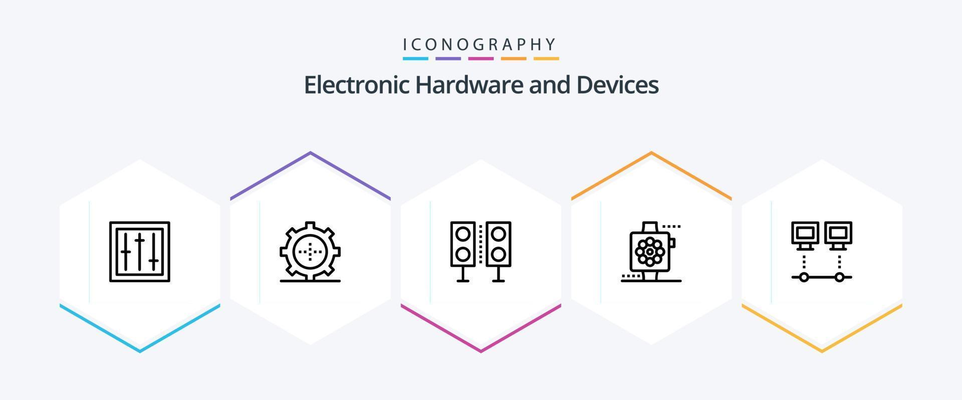 Pacote de ícones de 25 linhas de dispositivos, incluindo relógio. dispositivos. tecnologia. maçã. palestrante vetor