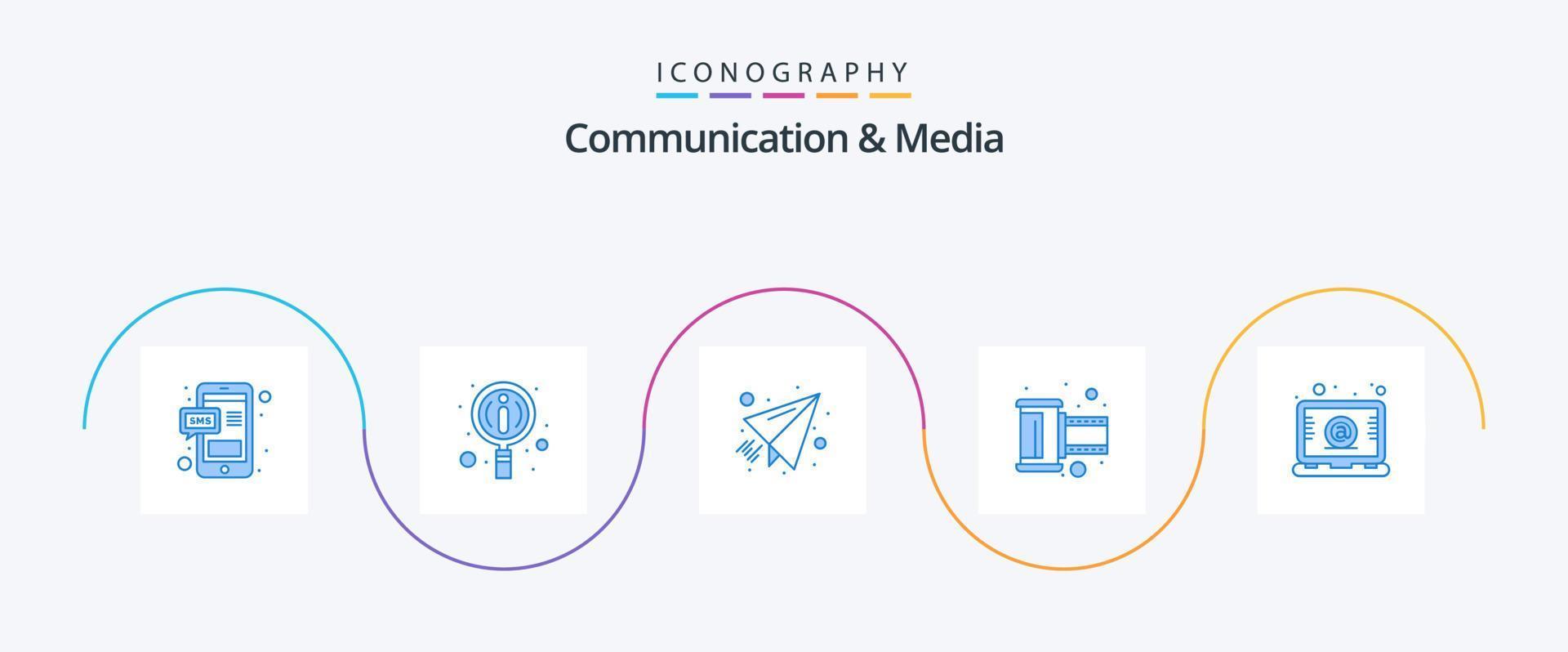 pacote de ícones de comunicação e mídia azul 5, incluindo carta. e-mail. papel. fita negativa. foto vetor