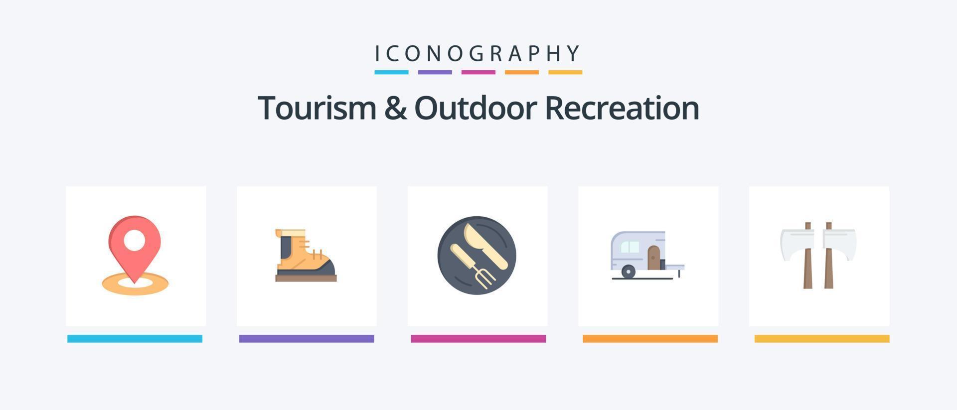 turismo e recreação ao ar livre flat 5 icon pack incluindo machado. acampamento. bota. acampamento. faca. design de ícones criativos vetor