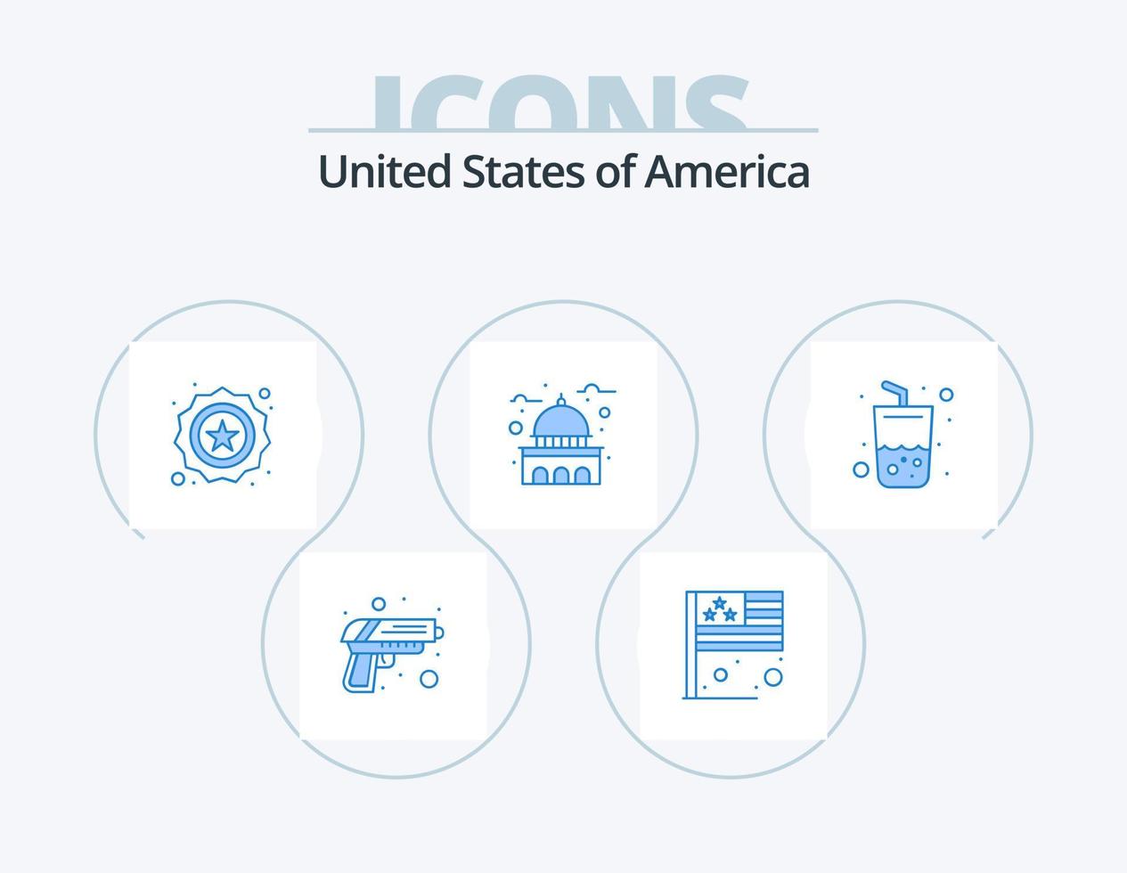 design de ícones do pacote de 5 ícones azuis dos eua. vidro. EUA. americano. marco. prédio vetor