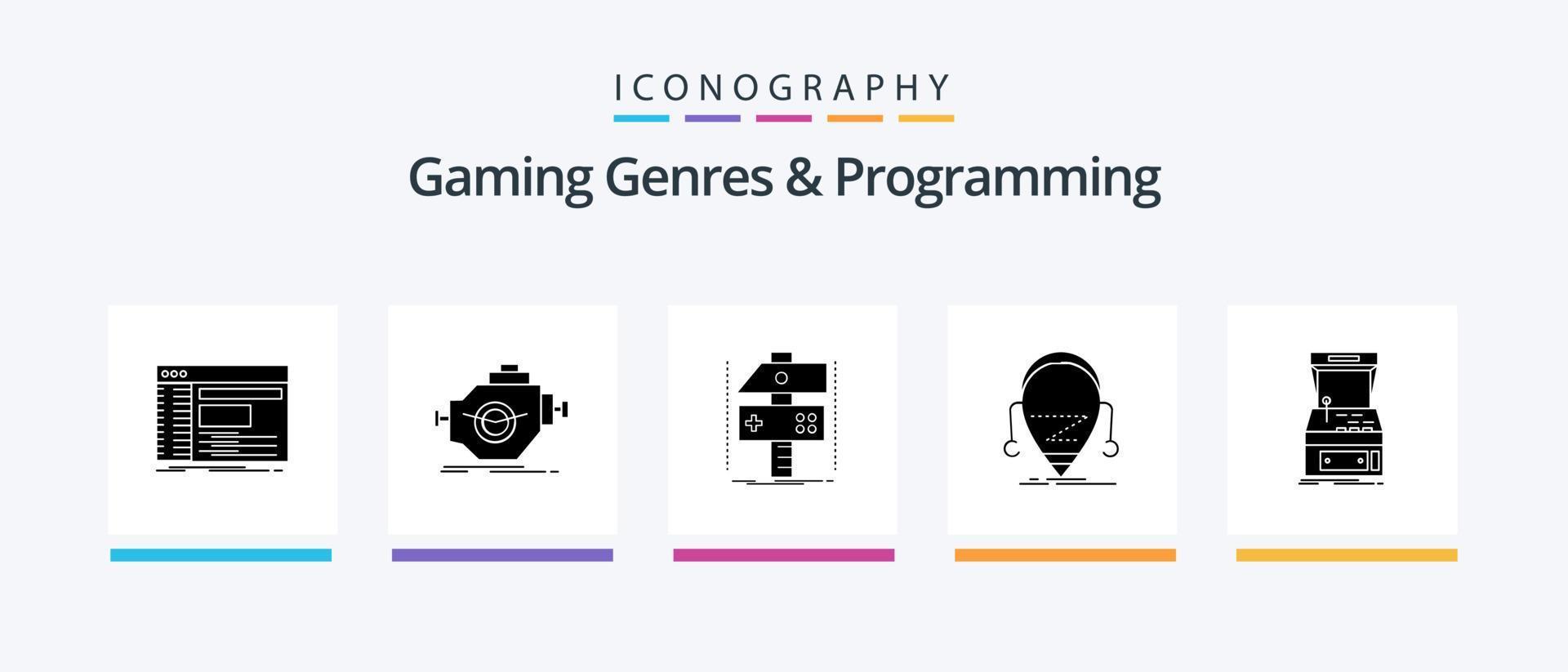 gêneros de jogos e pacote de ícones de glifo 5 de programação, incluindo beta. jogo. máquina. desenvolvedor. arte. design de ícones criativos vetor