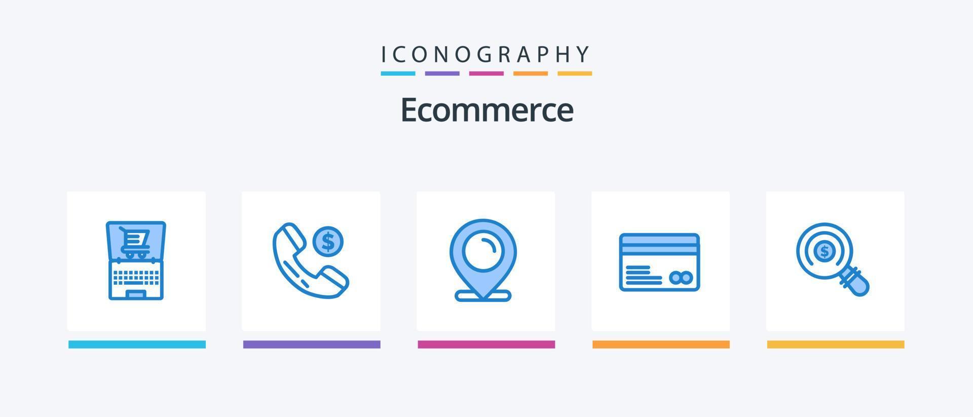pacote de ícones azul 5 de comércio eletrônico, incluindo pesquisa. comércio eletrônico. mapa. pagamentos. Cartão de crédito. design de ícones criativos vetor