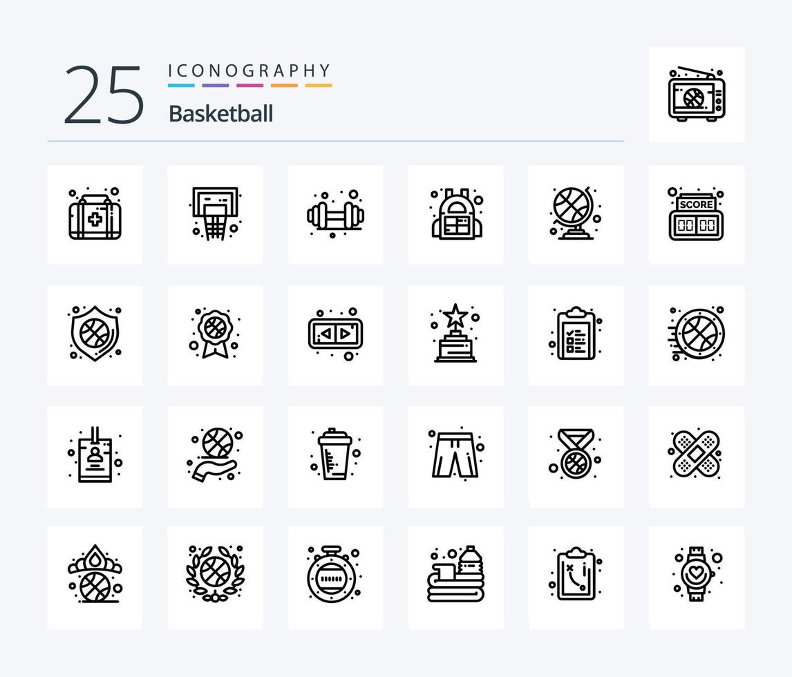 pacote de ícones de 25 linhas de basquete, incluindo digital. globo do clube desportivo. academia. bola de esportes. esporte vetor