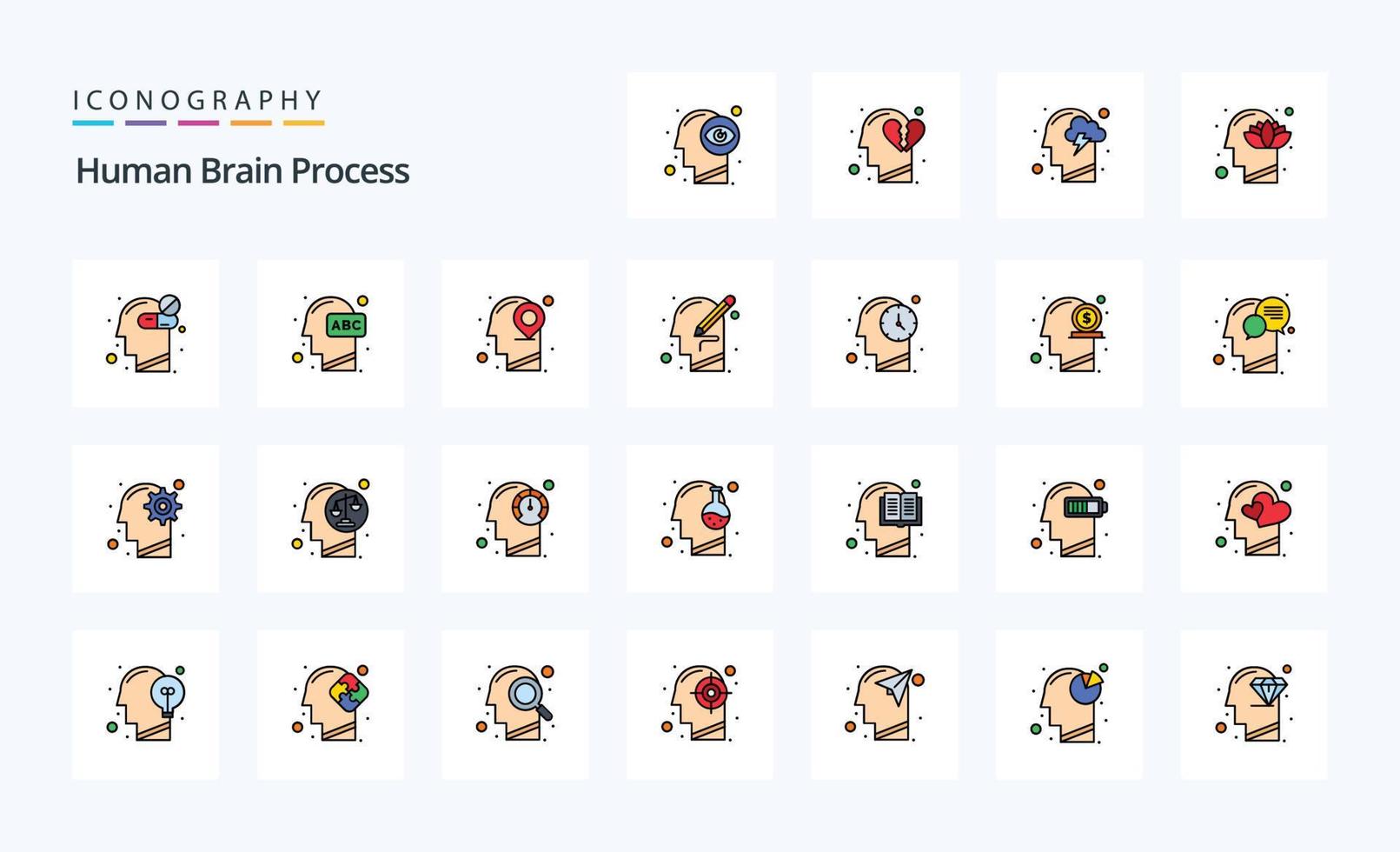 25 pacote de ícones de estilo cheio de linha de processo do cérebro humano vetor