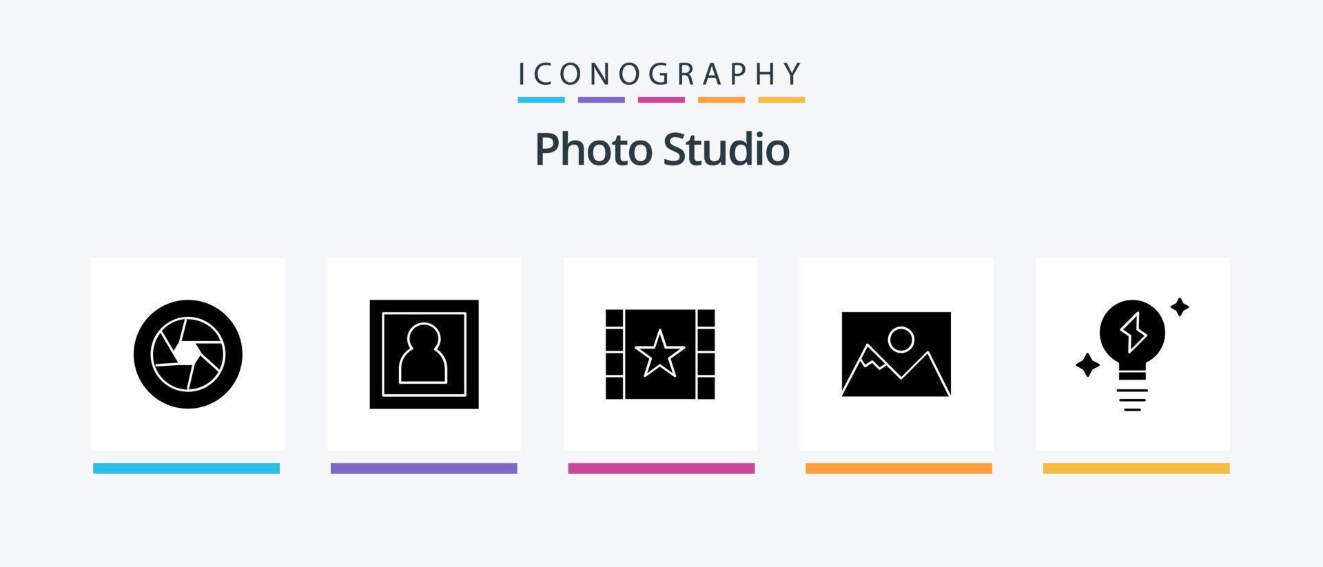 pacote de ícones do glifo 5 do estúdio fotográfico, incluindo lâmpada. fotógrafo. retrato. foto. estrela. design de ícones criativos vetor