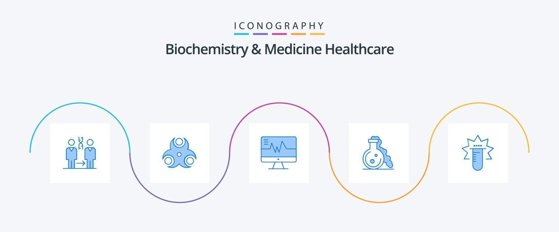 bioquímica e medicina saúde azul 5 ícone pack incluindo tubo. teste. saúde. laboratório. batimento cardiaco vetor