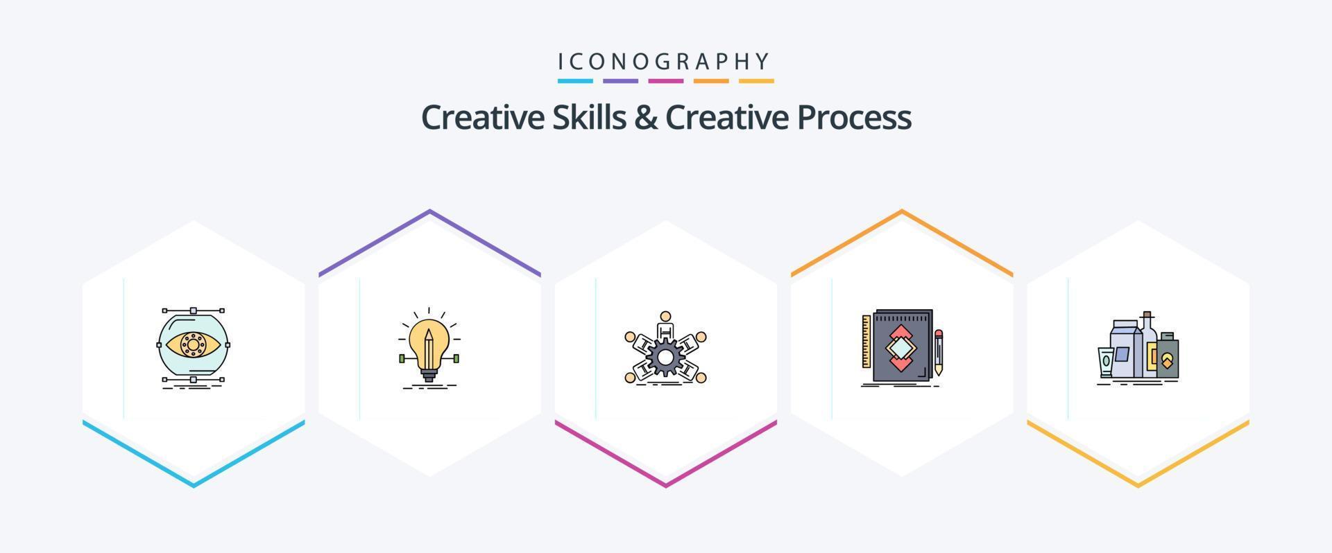 habilidades criativas e processo criativo 25 pacote de ícones de linha preenchida, incluindo identidade. projeto. luz. trabalho em equipe. liderança vetor