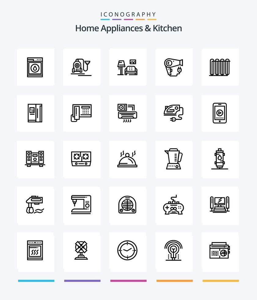 eletrodomésticos criativos e pacote de ícones de contorno de cozinha 25, como cozinha. galeria. hotel. sofá. caroço vetor