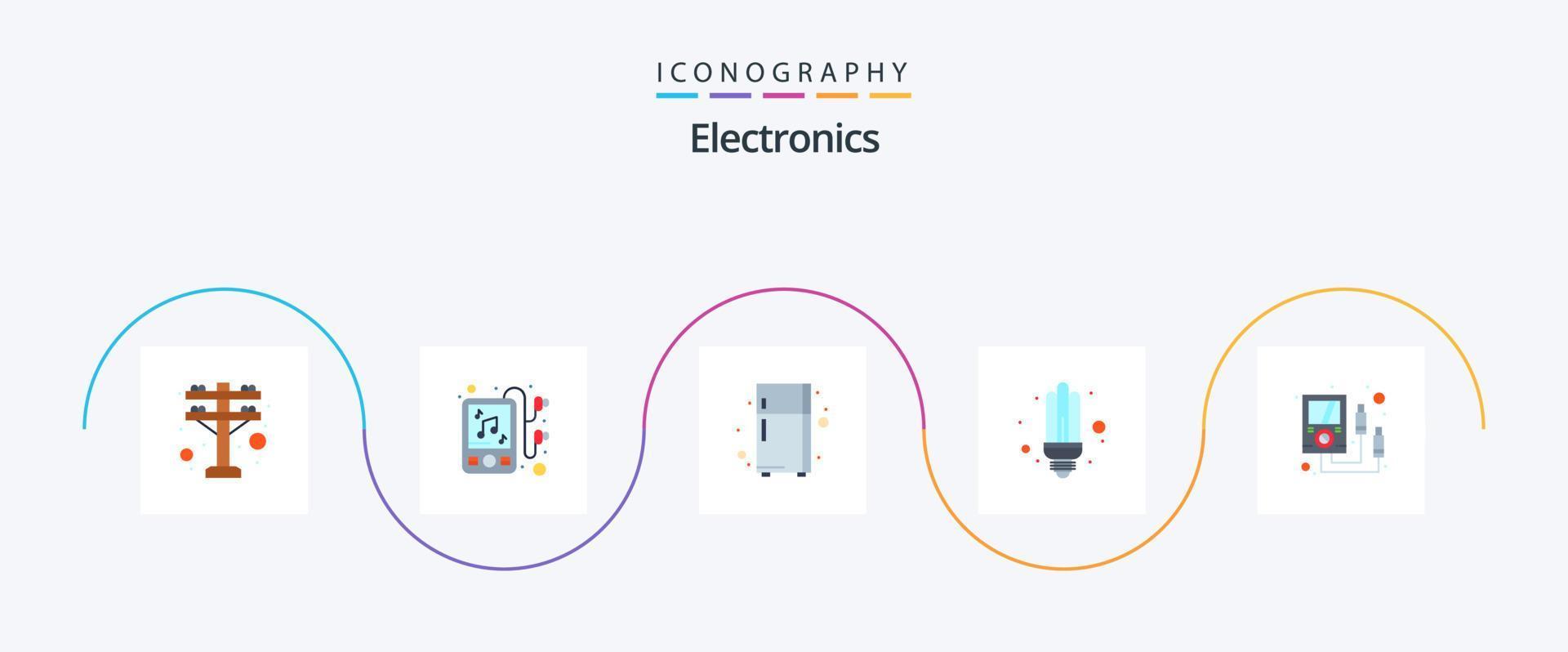 pacote de ícones eletrônicos planos 5, incluindo . metro. frigorífico. eletrônicos. luz vetor