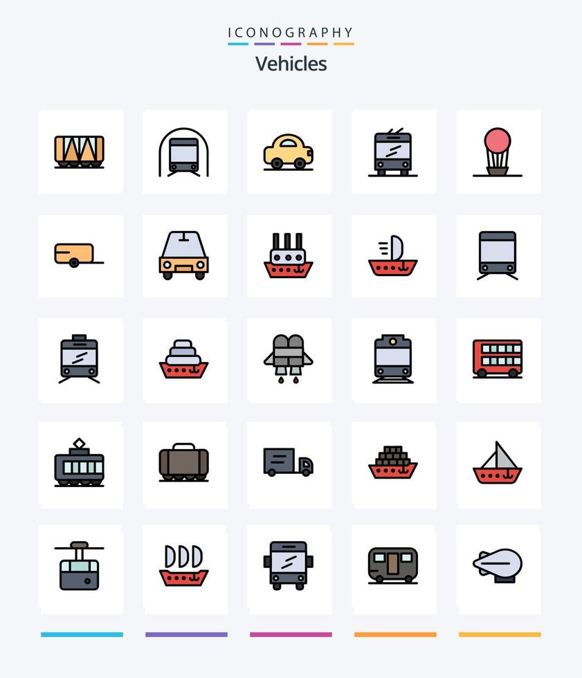 Pacote de ícones cheios de 25 linhas de veículos criativos, como Hot. ar. automóvel. trólebus. ônibus vetor