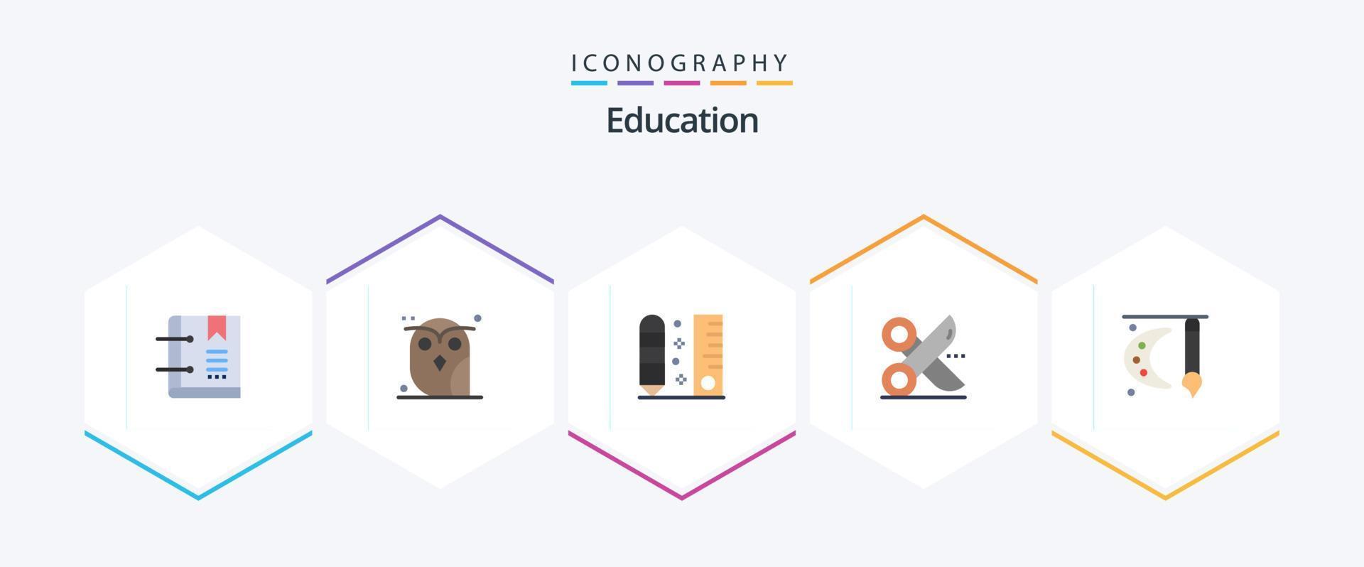 pacote de ícones planos de educação 25, incluindo papel. corte. coruja. escala. lápis vetor