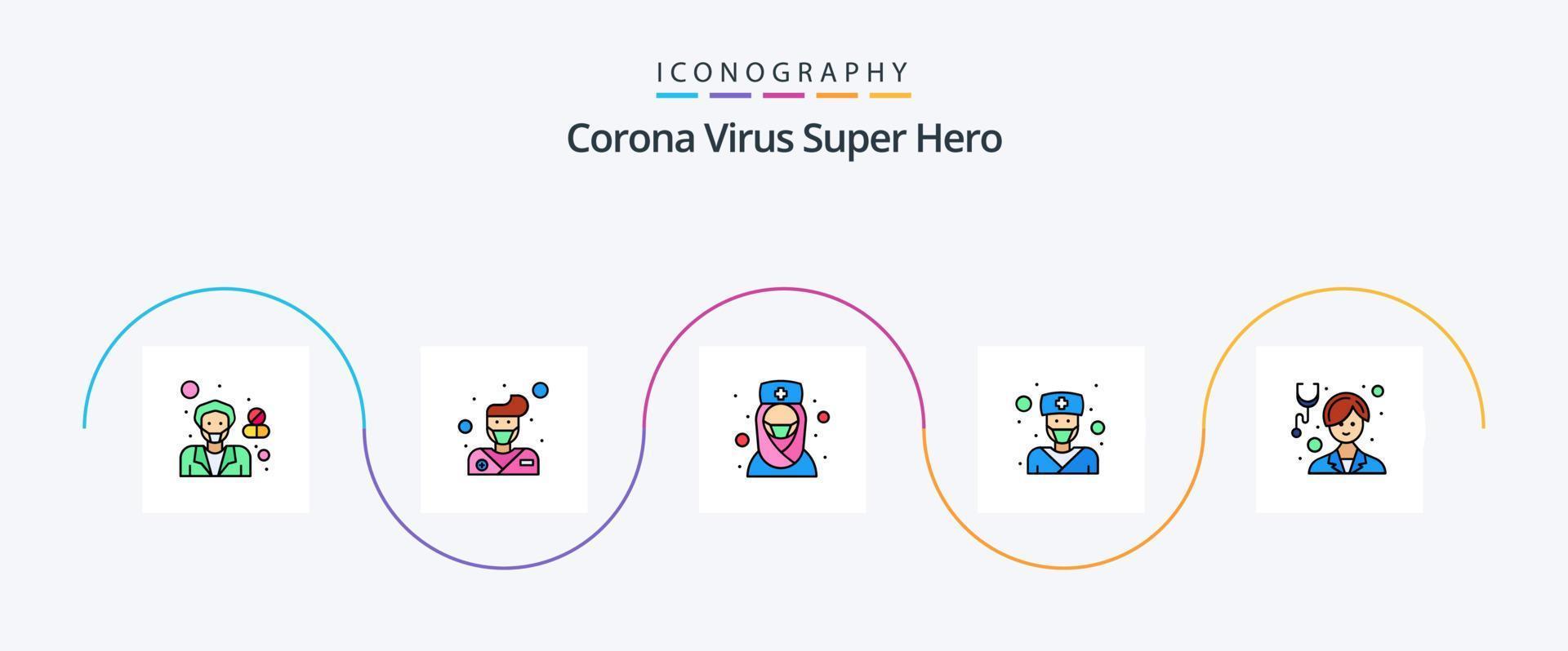 linha de super-heróis do vírus corona preenchida com 5 ícones planos, incluindo cuidados. garota. doutor. doutor. enfermeira vetor