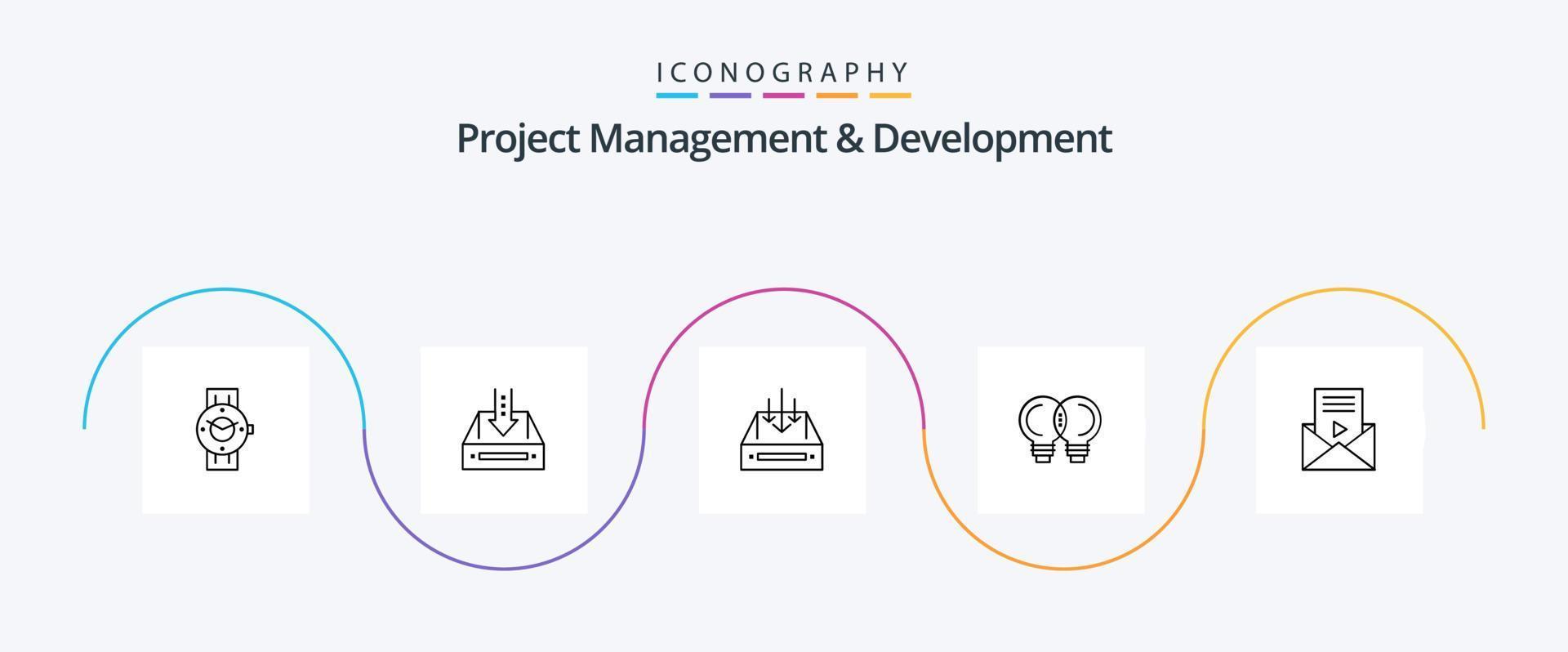 gerenciamento de projetos e pacote de ícones da linha 5 de desenvolvimento, incluindo pacote. recipiente. documento. caixa. caixa de entrada vetor