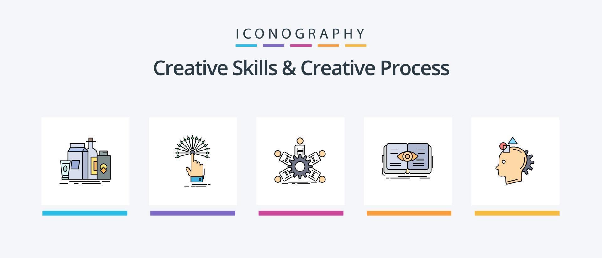 habilidades criativas e linha de processo criativo preencheram o pacote de 5 ícones, incluindo arquivo. portfólio. lâmpada. teclado. computador. design de ícones criativos vetor