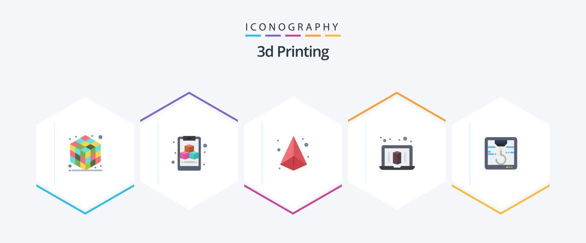 Pacote de ícones planos de impressão 3D 25, incluindo . impressora. caixa. 3d. computador portátil vetor