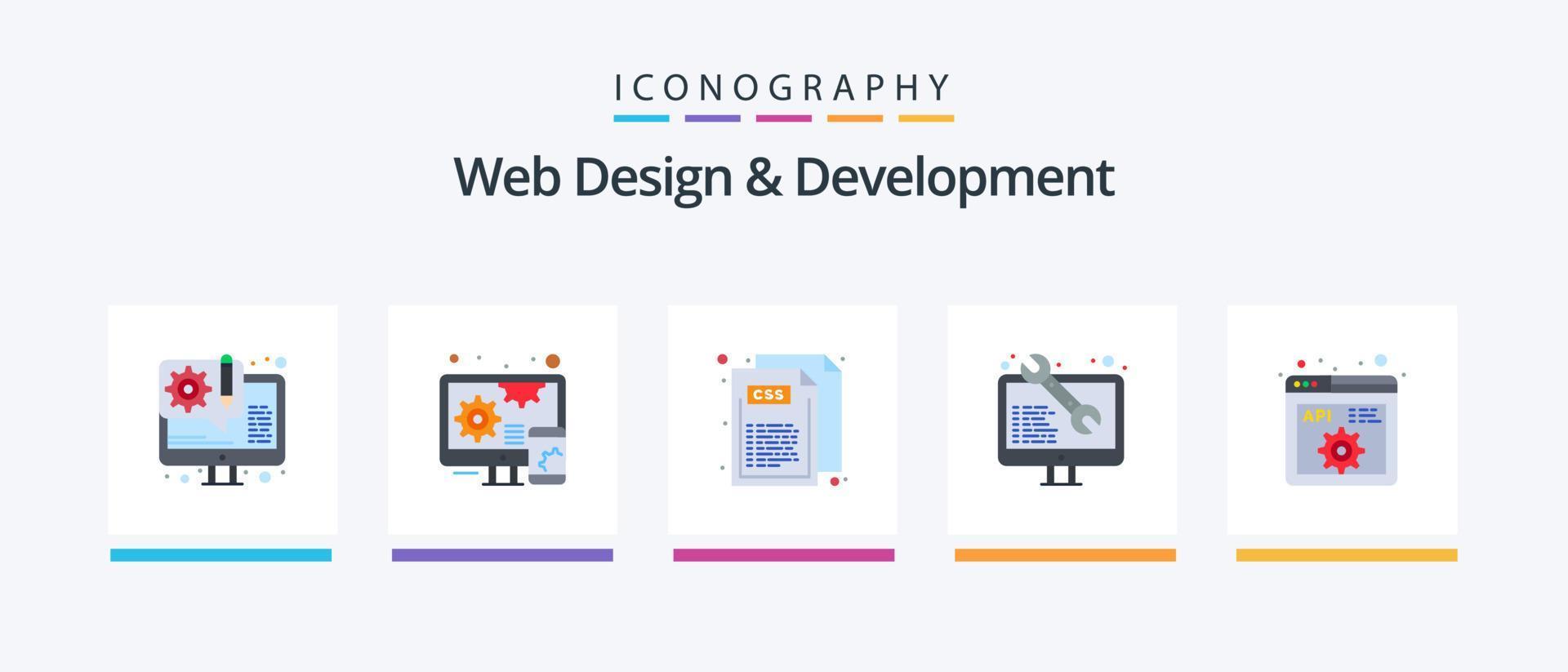 web design e desenvolvimento flat 5 icon pack incluindo api. desenvolvimento web. código. rede. codificação. design de ícones criativos vetor