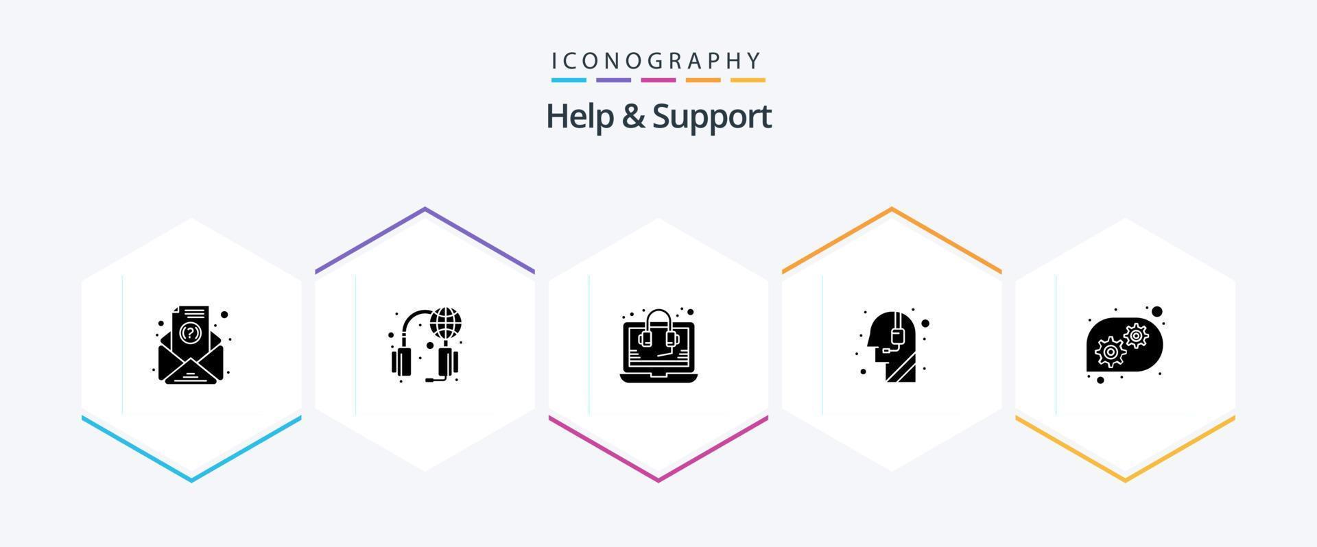 ajude e apoie o pacote de ícones de 25 glifos, incluindo suporte técnico. engrenagem. ajuda. Centro de Atendimento. chamar vetor