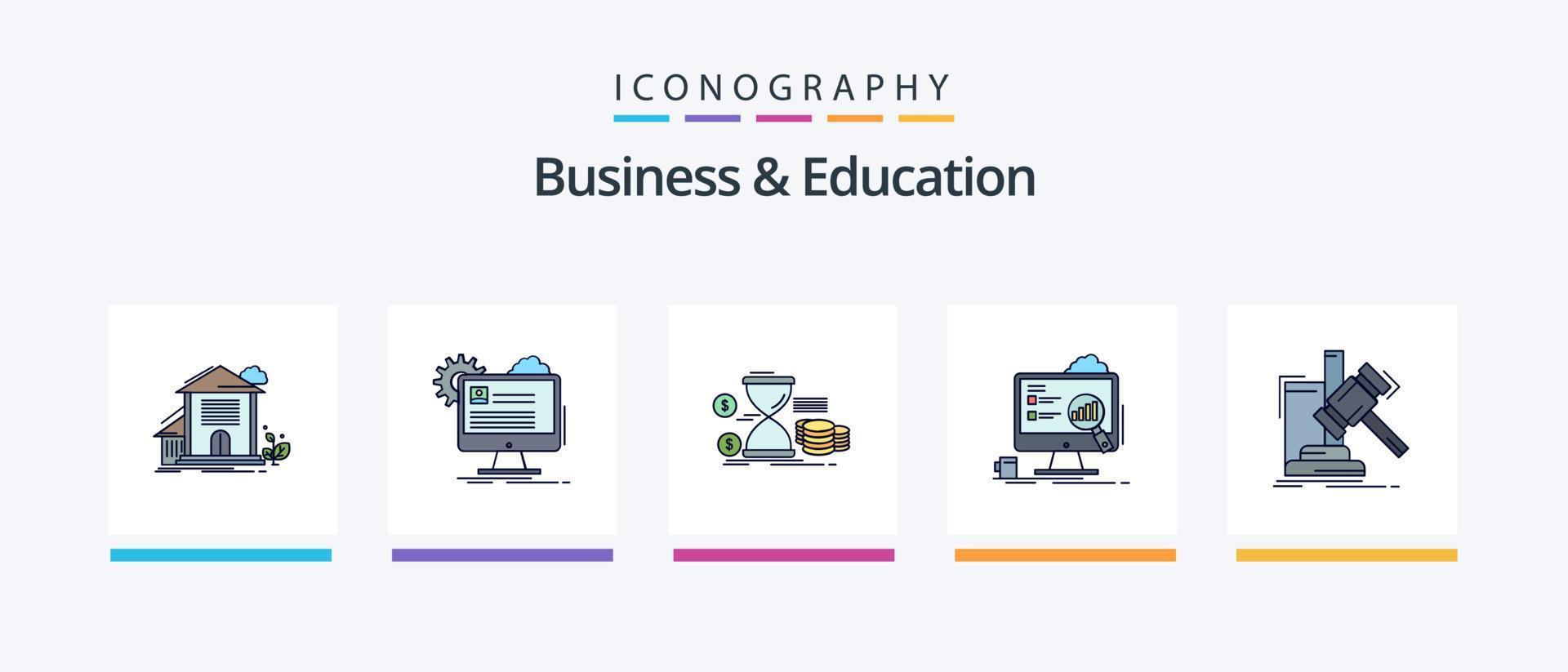 a linha de negócios e educação preencheu o pacote de 5 ícones, incluindo compras. comprar. prédio. marcador. mundialmente. design de ícones criativos vetor