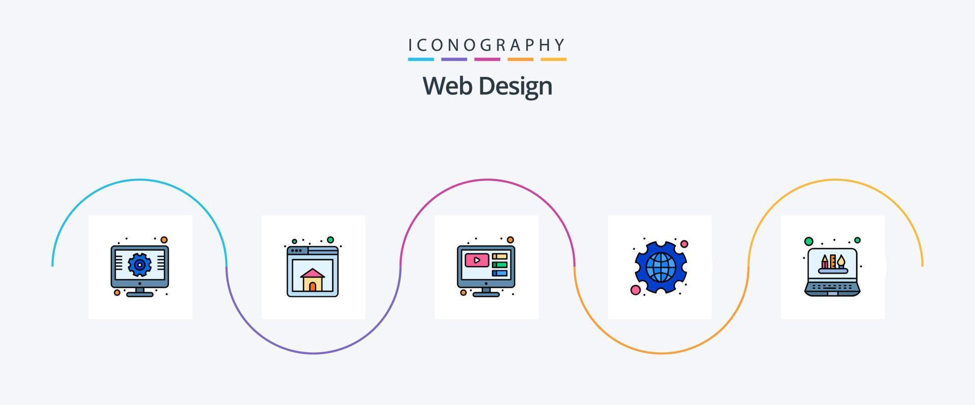 linha de design da web cheia de pacote de 5 ícones planos, incluindo gráfico. configurações. on-line. globo. engrenagem vetor