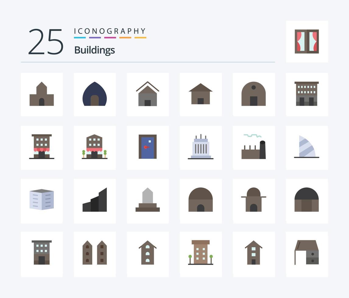 edifícios 25 pacote de ícones de cores planas, incluindo mesquita. Prédio histórico. museu. prédio. casa vetor