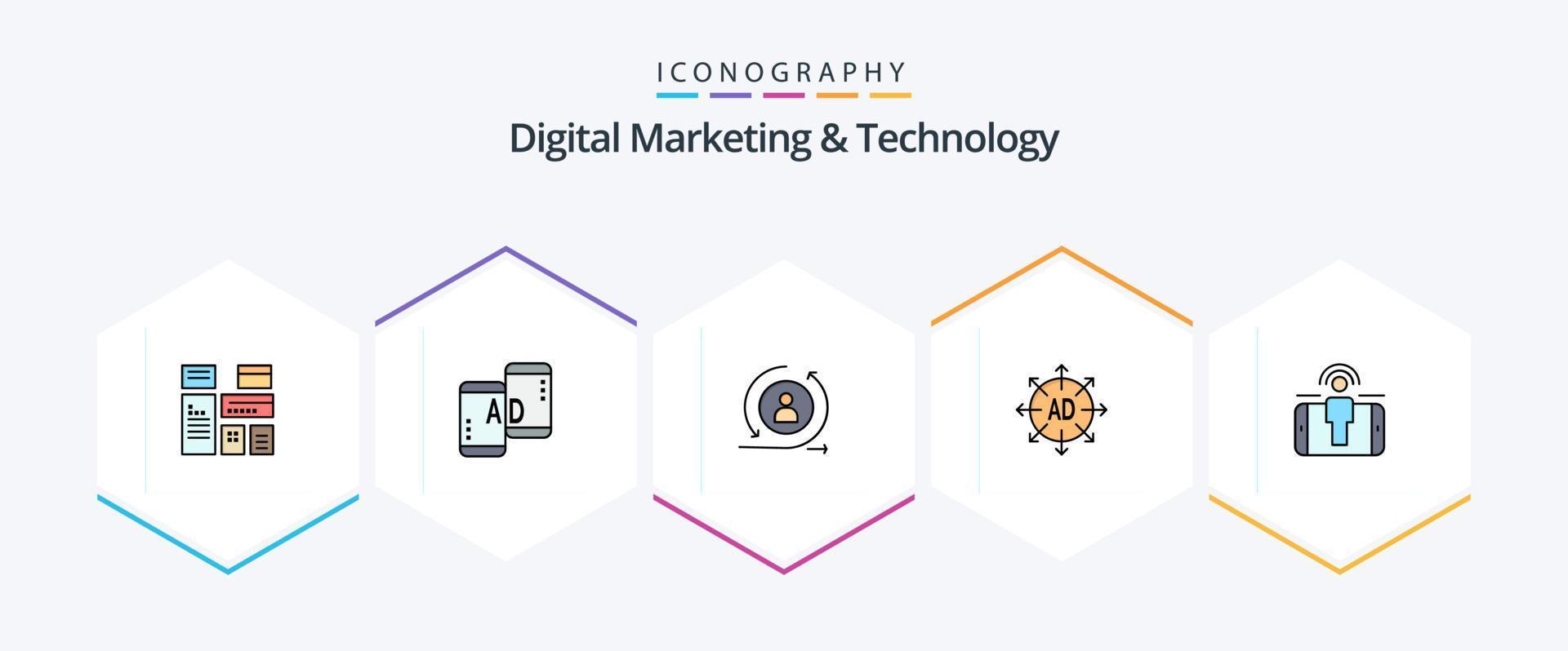 marketing digital e tecnologia 25 pacote de ícones de linha preenchida, incluindo usuário. de Anúncios. retornando. submissão de publicidade. anúncio vetor