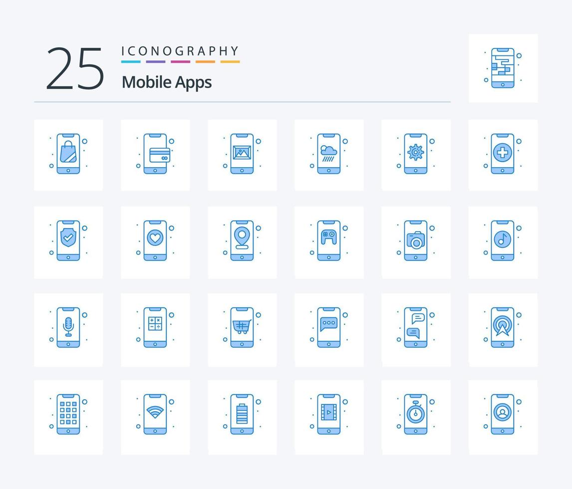 aplicativos móveis 25 pacote de ícones de cor azul, incluindo configuração. engrenagem. aplicativo. aplicativo de tempo. Smartphone vetor
