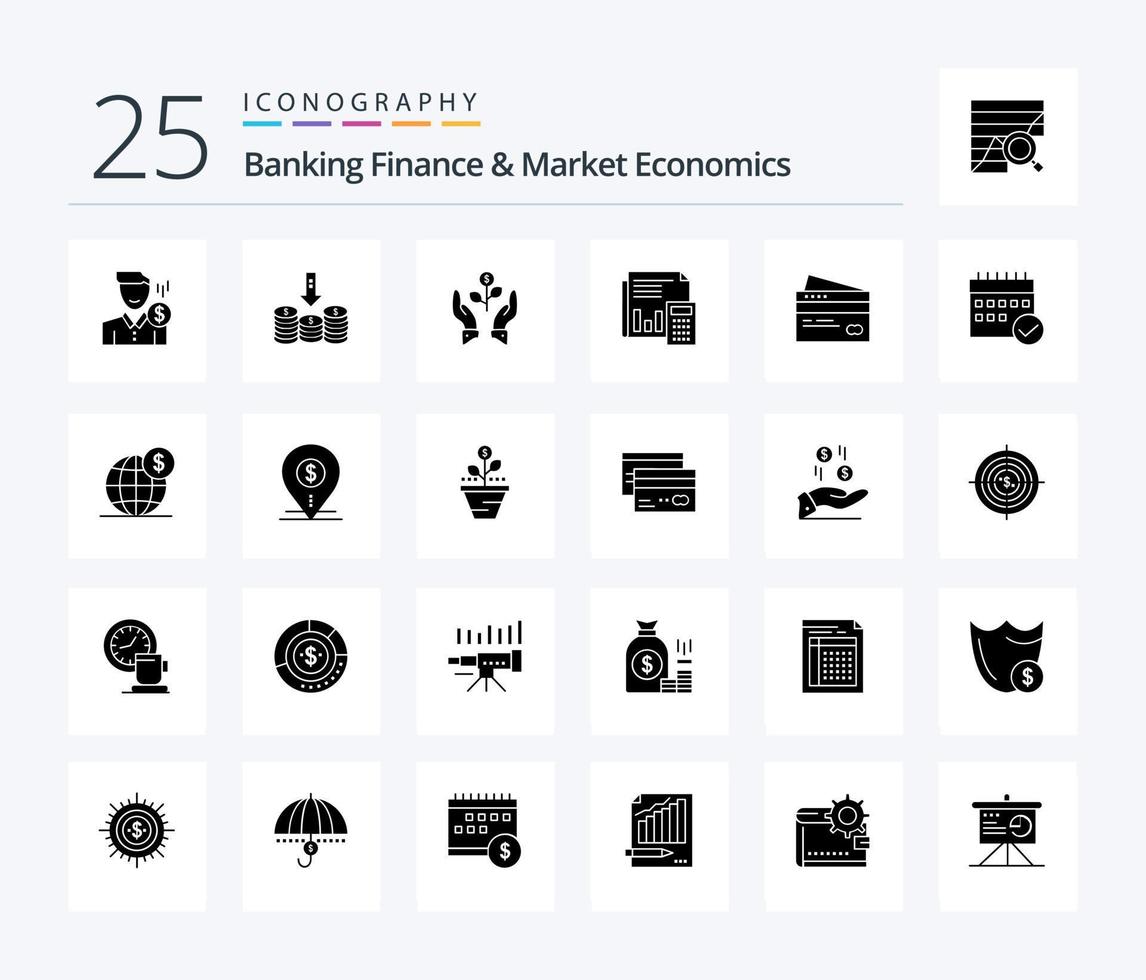 finanças bancárias e economia de mercado 25 pacote de ícones de glifo sólido, incluindo planta. crescente. dinheiro. crescer. crescimento vetor