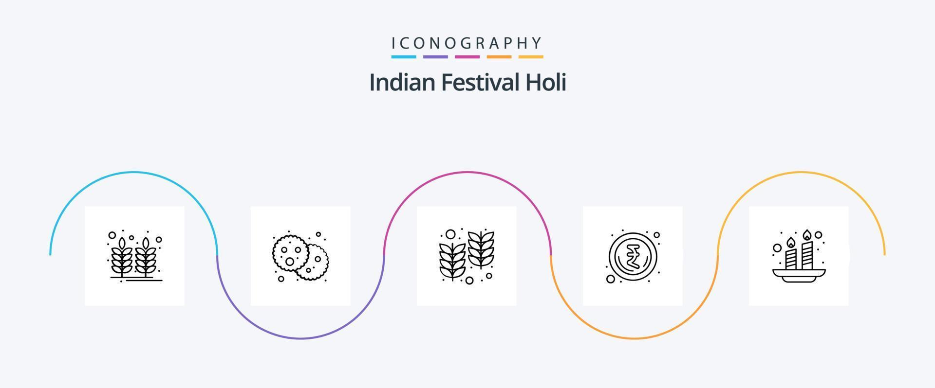 Holi Line 5 Icon Pack, incluindo a Índia. velas. fazenda. rupia. indiano vetor