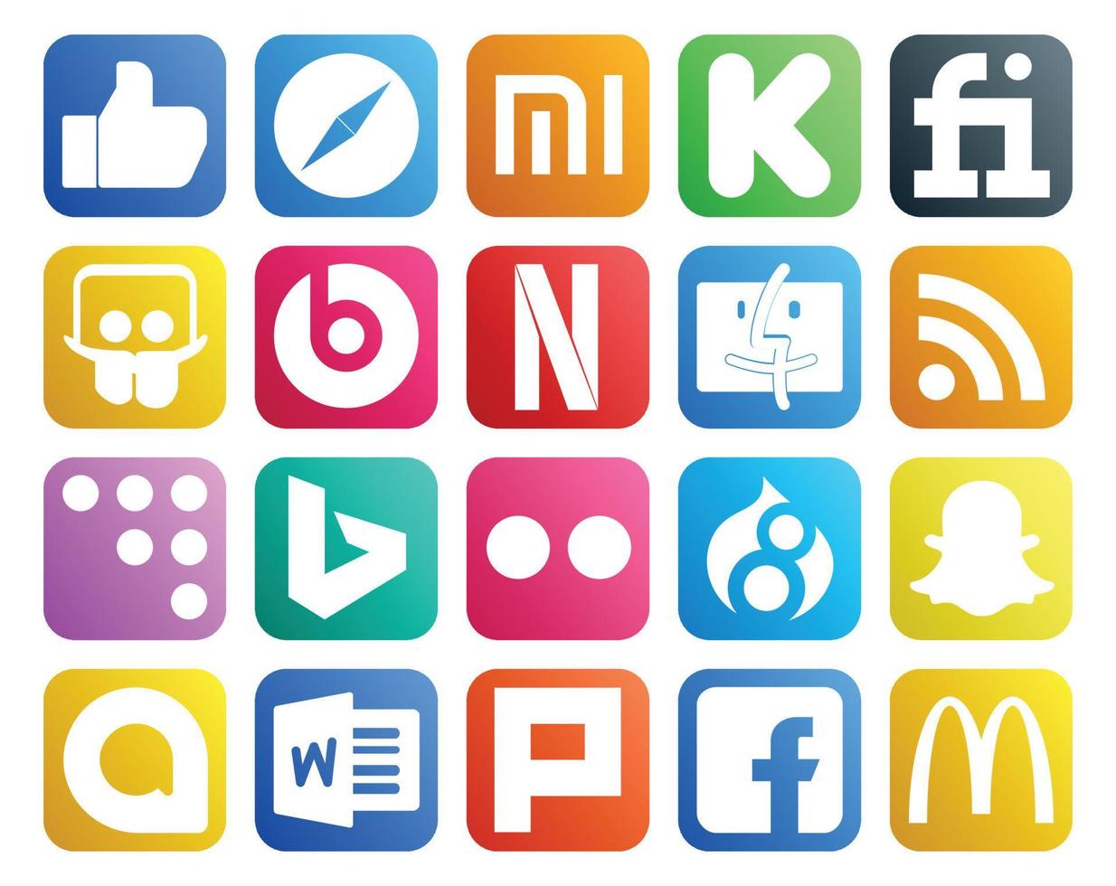 20 pacotes de ícones de mídia social, incluindo palavra snapchat netflix drupal bing vetor