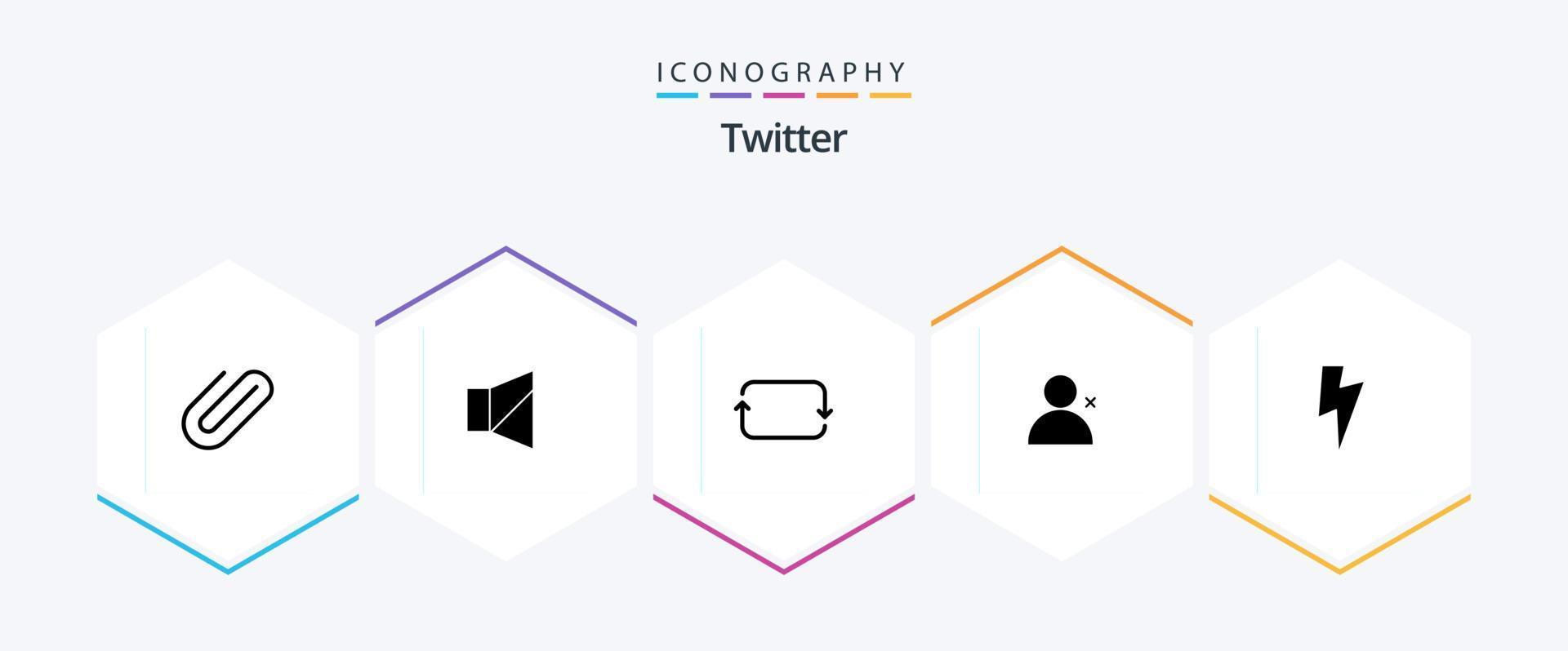 Pacote de ícones de 25 glifos do Twitter, incluindo mídia. Twitter. voltar. conjuntos. descobrir pessoas vetor