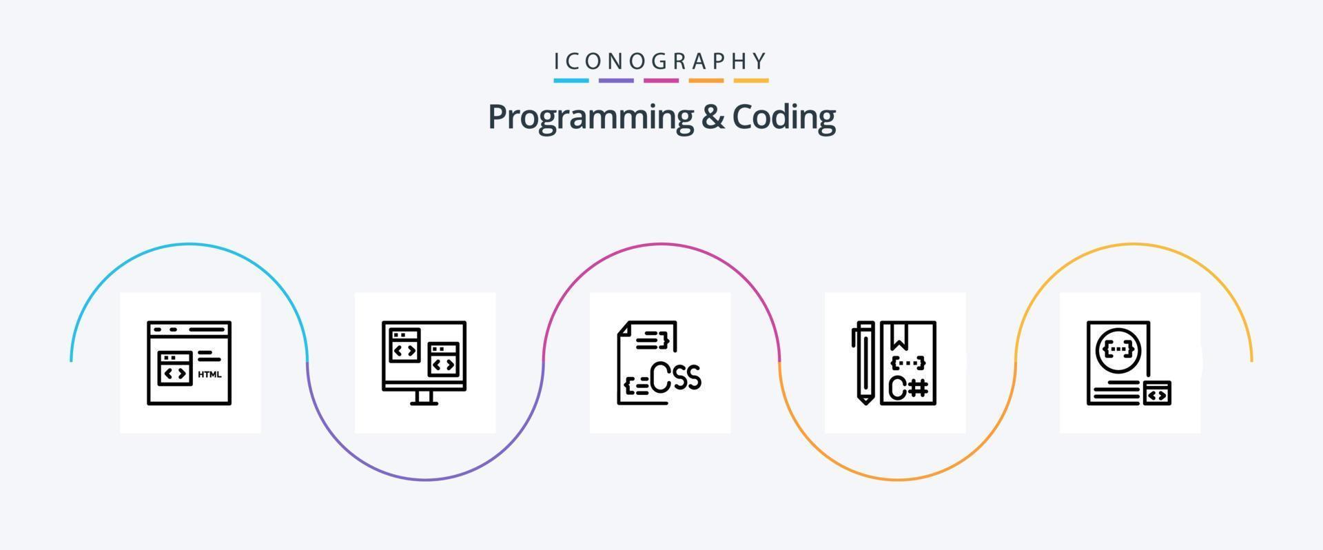 pacote de ícones de programação e codificação de linha 5, incluindo codificação. c. desenvolver. arquivo. desenvolver vetor