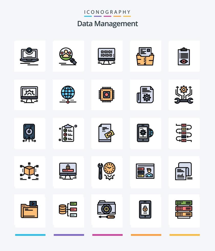 pacote de ícones preenchidos com 25 linhas de gerenciamento de dados criativos, como pasta. documento. do utilizador. dados. rede vetor