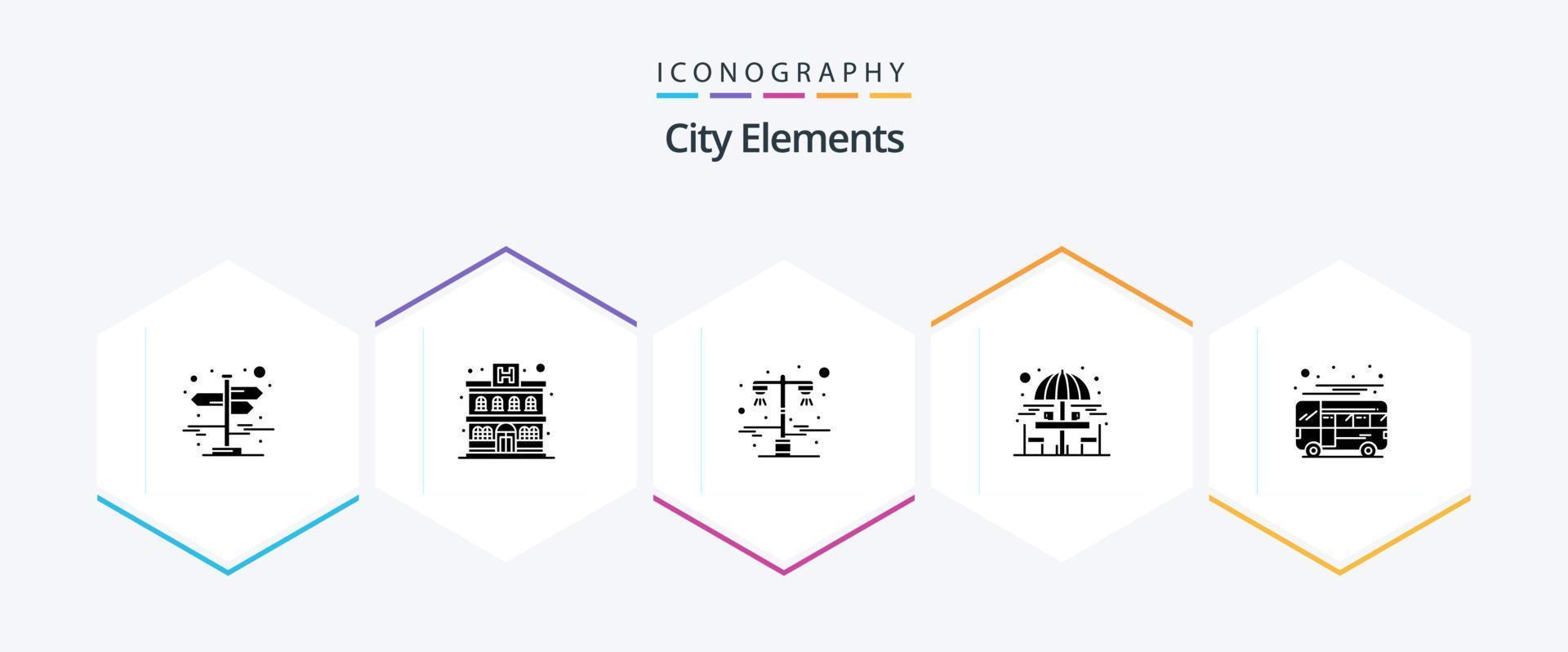 elementos da cidade pacote de ícones de 25 glifos, incluindo treinador. autoônibus. luz. mesa de estar. bebendo vetor