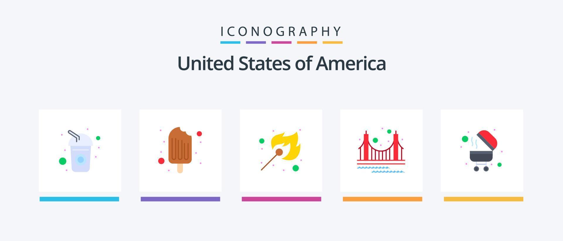 Pacote de ícones EUA Flat 5, incluindo churrasco. marco. acampamento. dourado. ponte. design de ícones criativos vetor