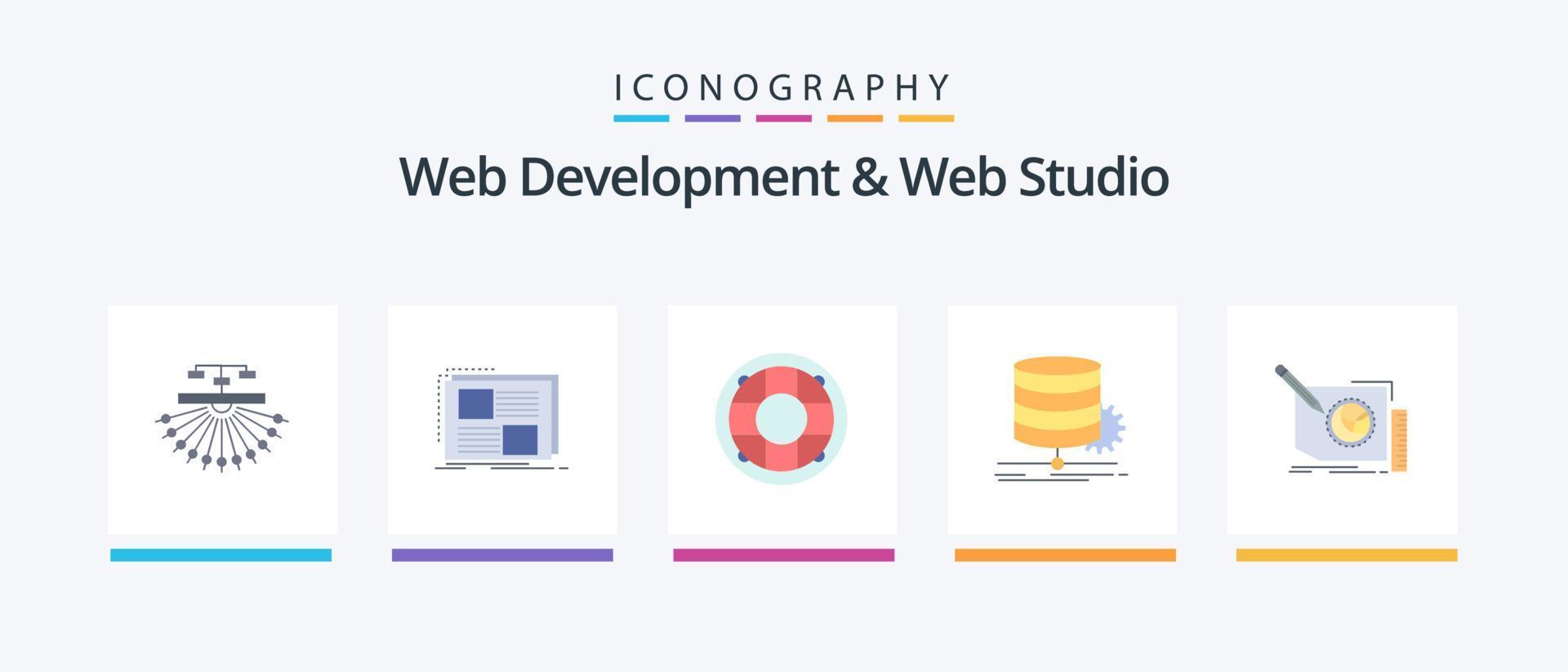 desenvolvimento web e pacote de ícones flat 5 do web studio, incluindo gráfico. Preservar. página. salva-vidas. vida. design de ícones criativos vetor