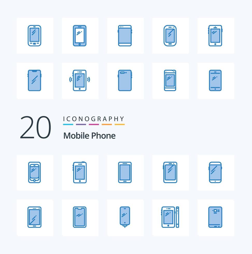 Pacote de ícones de cor azul de 20 telefones celulares, como caneta de carregamento de celular vetor