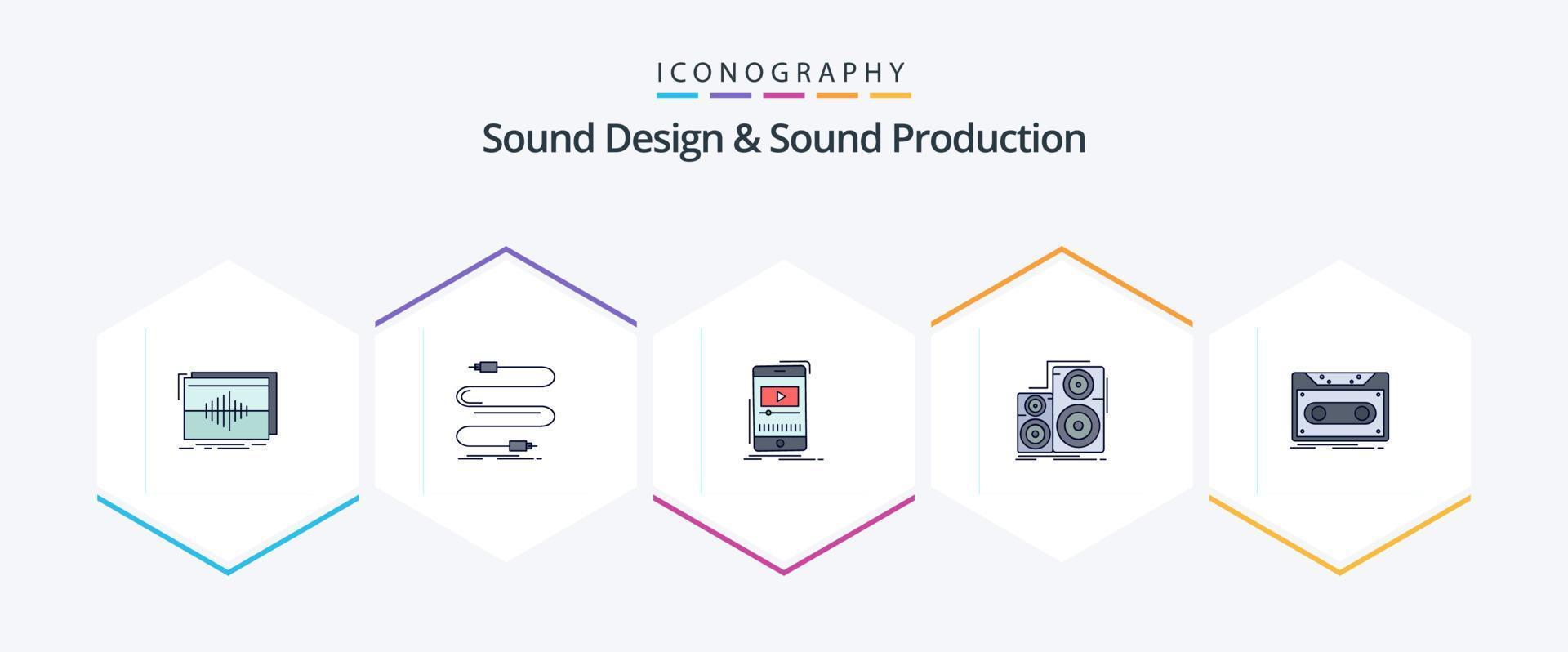 design de som e produção de som pacote de ícones de 25 linhas preenchidas, incluindo monitor. áudio. som. móvel. jogador vetor