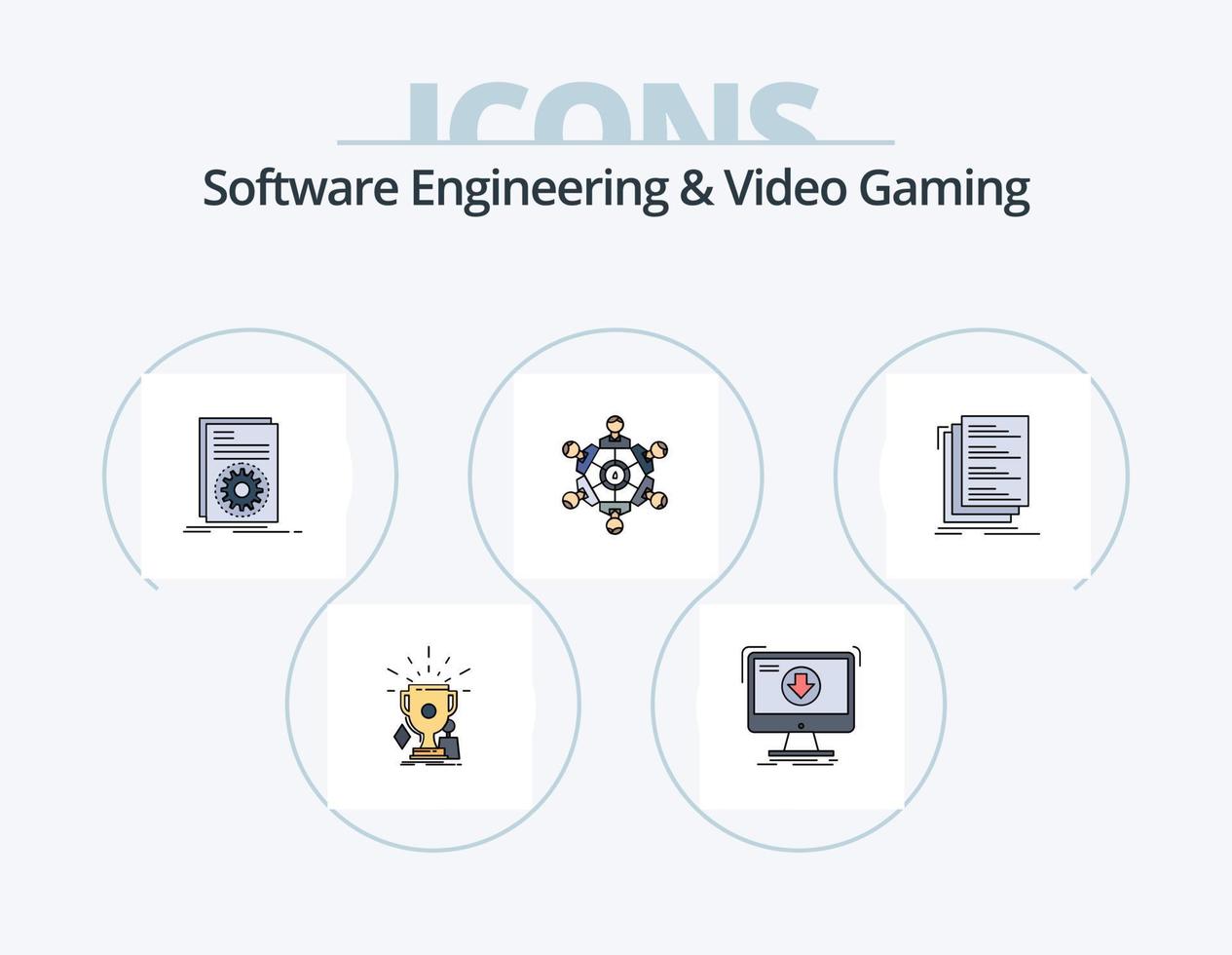 engenharia de software e linha de jogos de vídeo cheia de ícones pack 5 design de ícones. jogo. console. troféus. vírus. inseto vetor