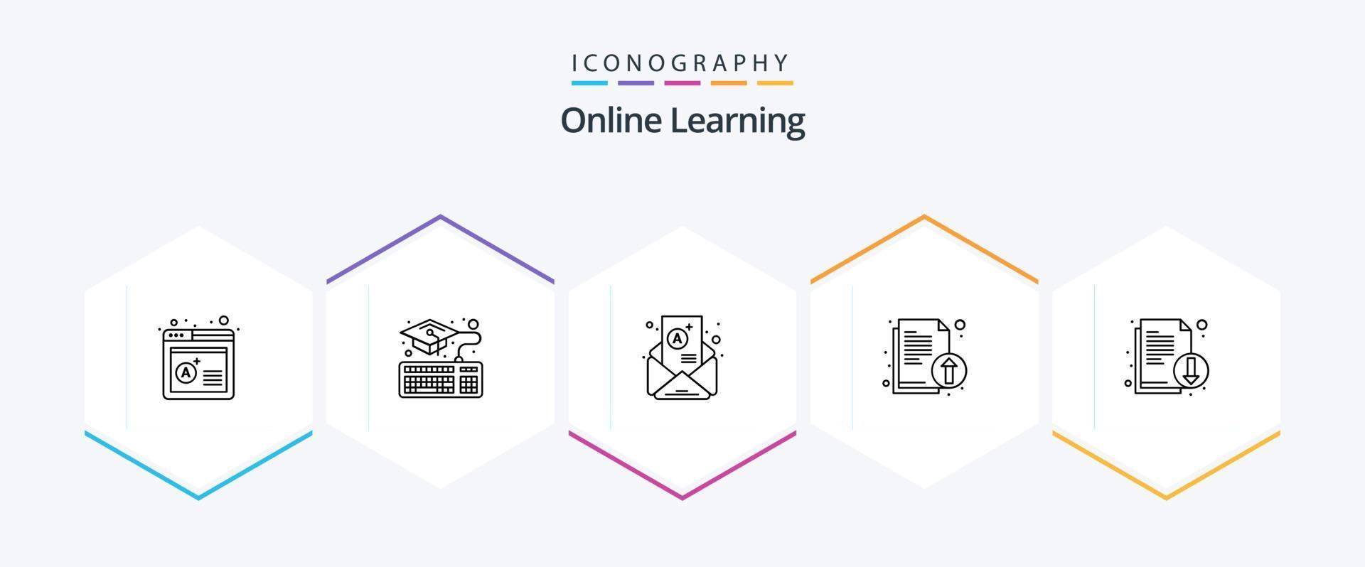 pacote de ícones de 25 linhas de aprendizagem online, incluindo arquivo. documentos. correspondência. literatura. carregar vetor