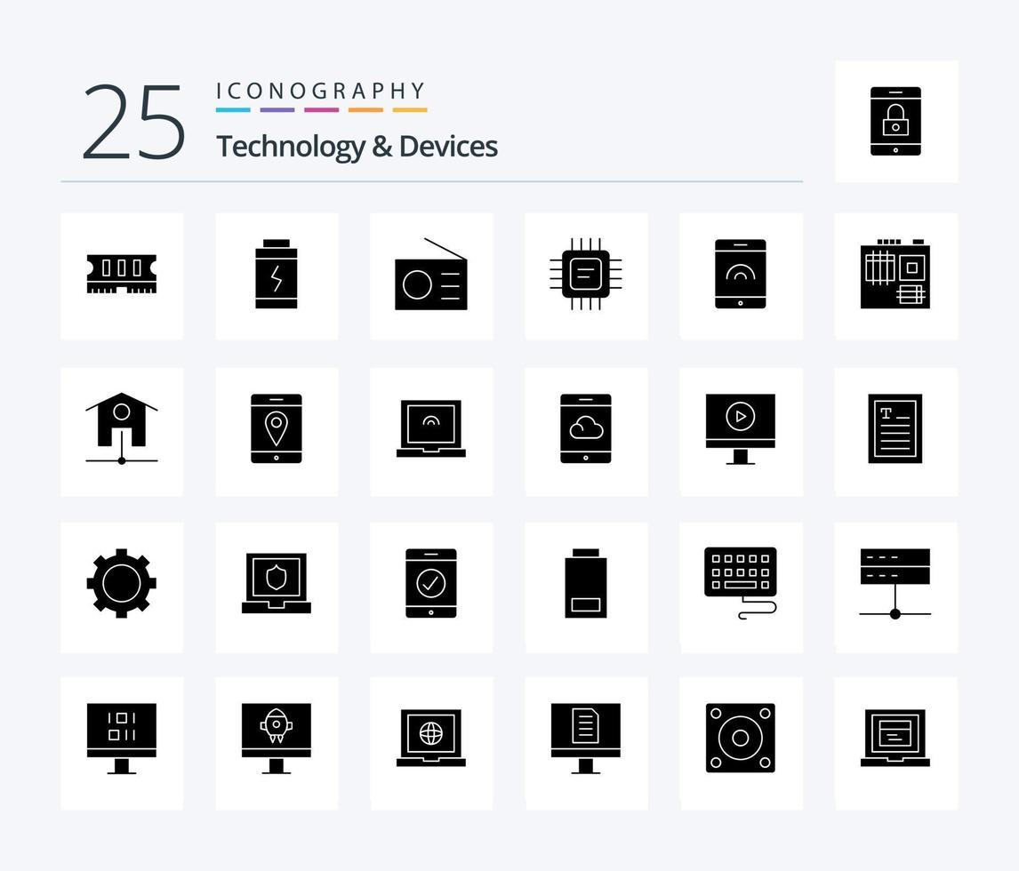 dispositivos 25 pacote de ícones de glifos sólidos, incluindo hardware. tocar. rádio. móvel. dispositivos vetor