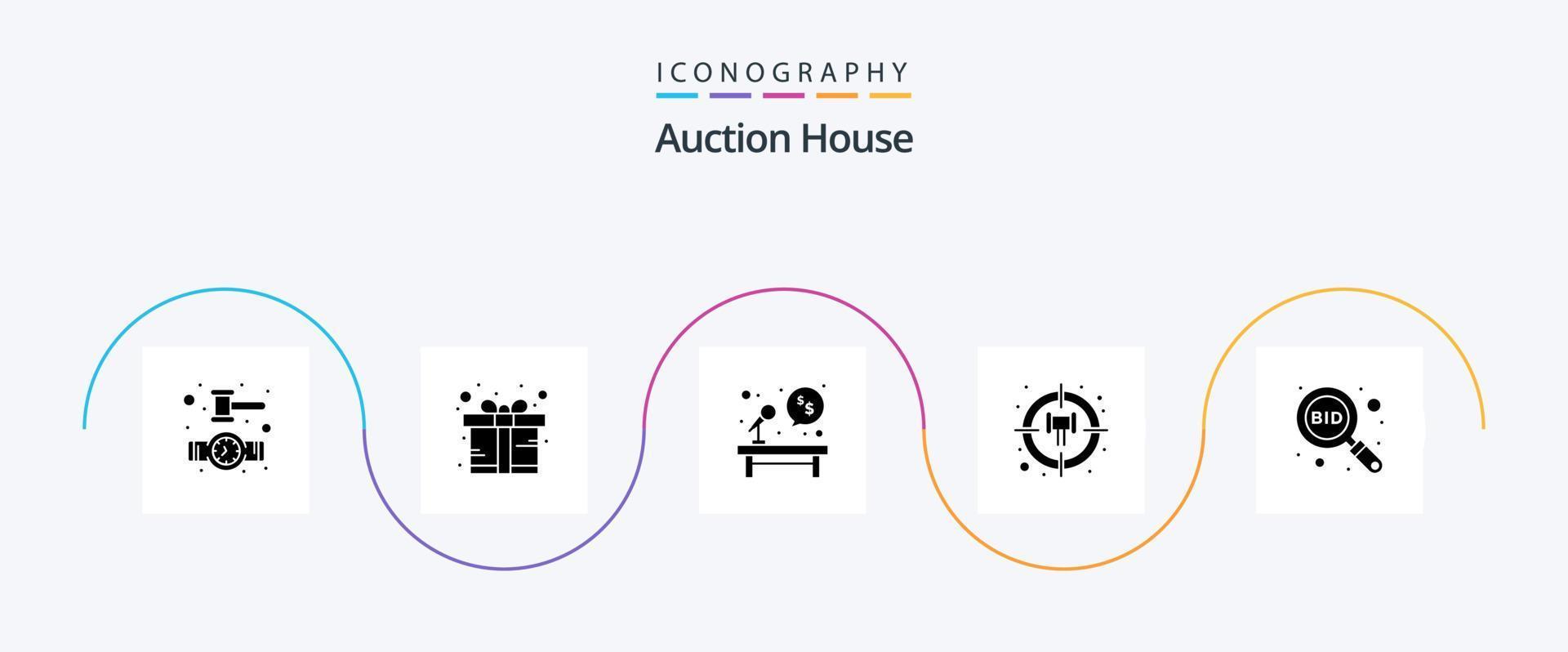 pacote de ícones de glifo 5 de leilão, incluindo lance. encontrar. microfone. explorar. lei vetor