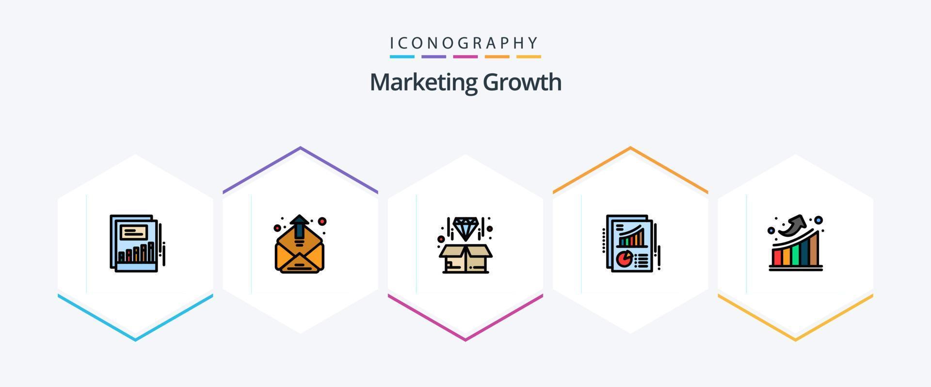 crescimento de marketing 25 pacote de ícones de linha preenchida, incluindo gráfico. torta. enviando. documento. produtos vetor