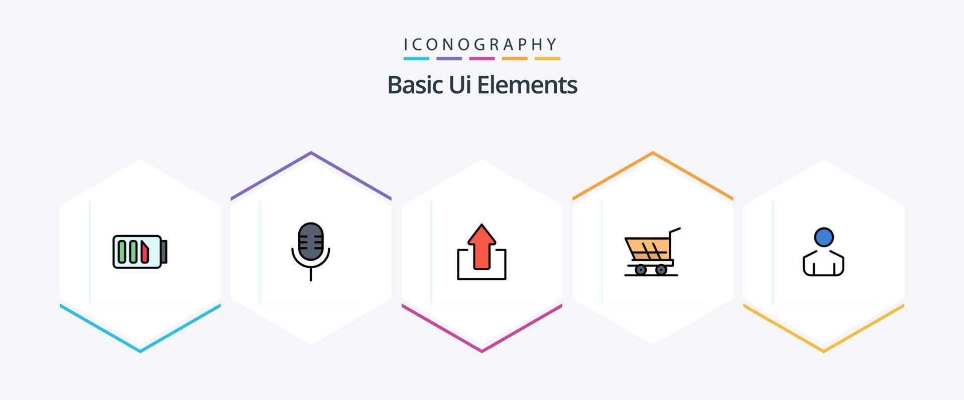 elementos básicos da interface do usuário 25 pacote de ícones de linha preenchida, incluindo homem. comprar. seta. compras. carrinho vetor