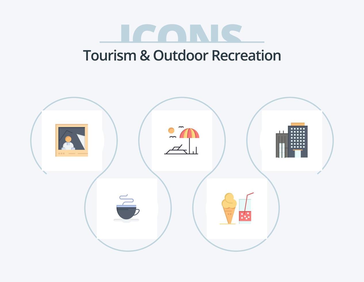 turismo e recreação ao ar livre plana icon pack 5 design de ícone. lar. hotel . foto. férias. praia vetor