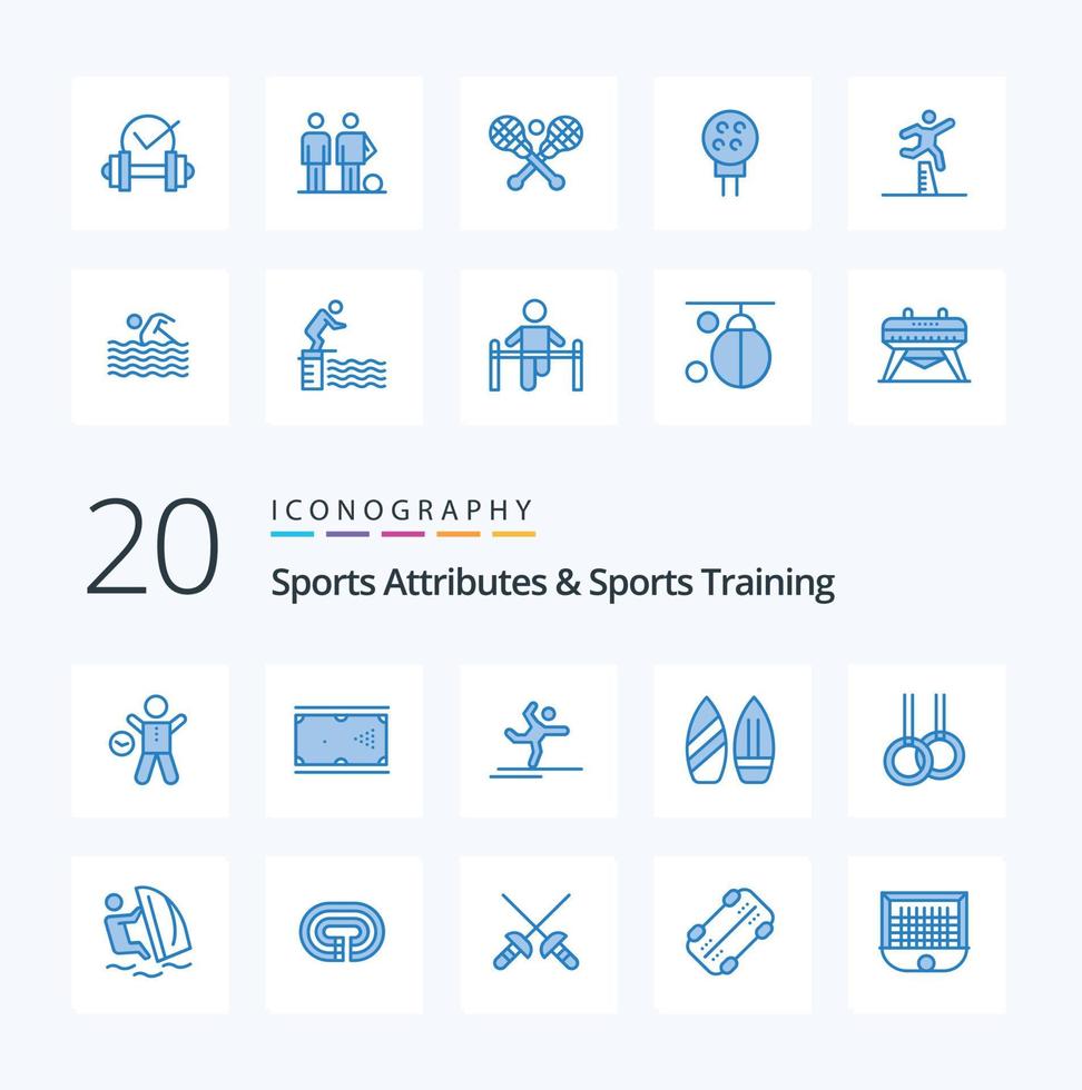 20 atributos esportivos e pacote de ícones de cor azul de treinamento esportivo, como desempenho de skate de bolso de snowboard de inverno vetor