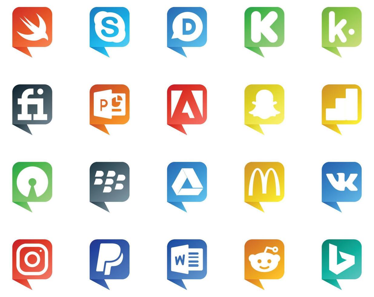 20 logotipo de estilo de bolha de fala de mídia social como paypal vk adobe mcdonalds blackberry vetor