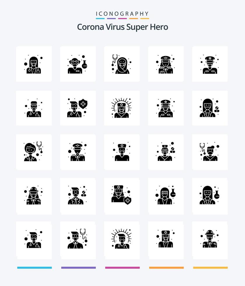 vírus corona criativo super herói 25 glifo pacote de ícones preto sólido como força. polícia. macho. fêmea. muçulmano vetor