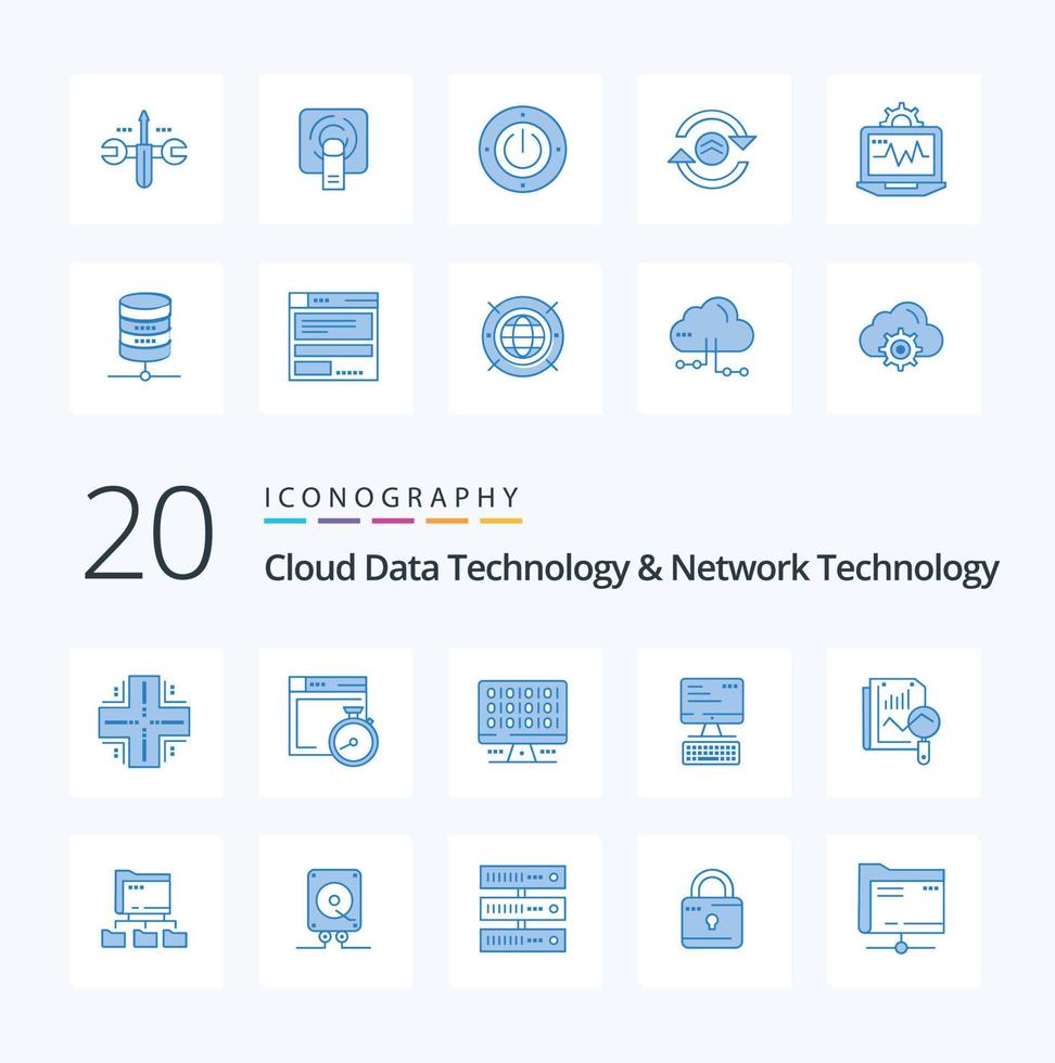 20 pacote de ícones de tecnologia de dados em nuvem e tecnologia de rede azul como servidor de teclado de computação de monitor de arquivo vetor