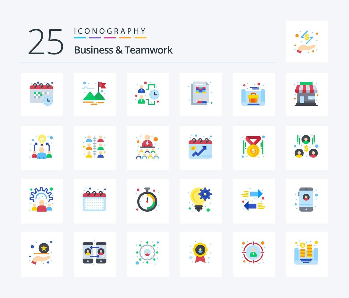 pacote de ícones de 25 cores planas de negócios e trabalho em equipe, incluindo conceito. negócios. eficácia. trabalhadores. folha vetor